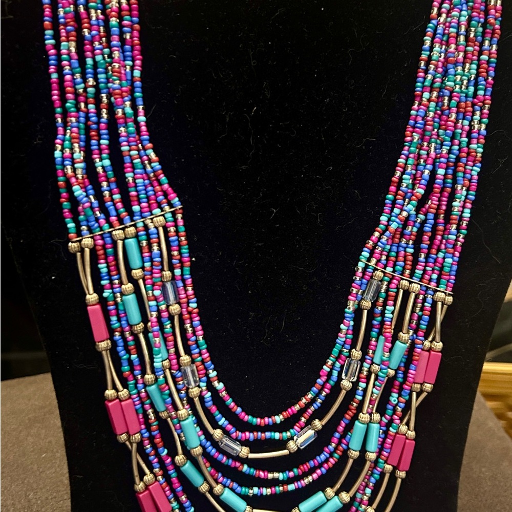 Gorgeous 11 Strand Seed & Other Bead Necklace Purples pinks
